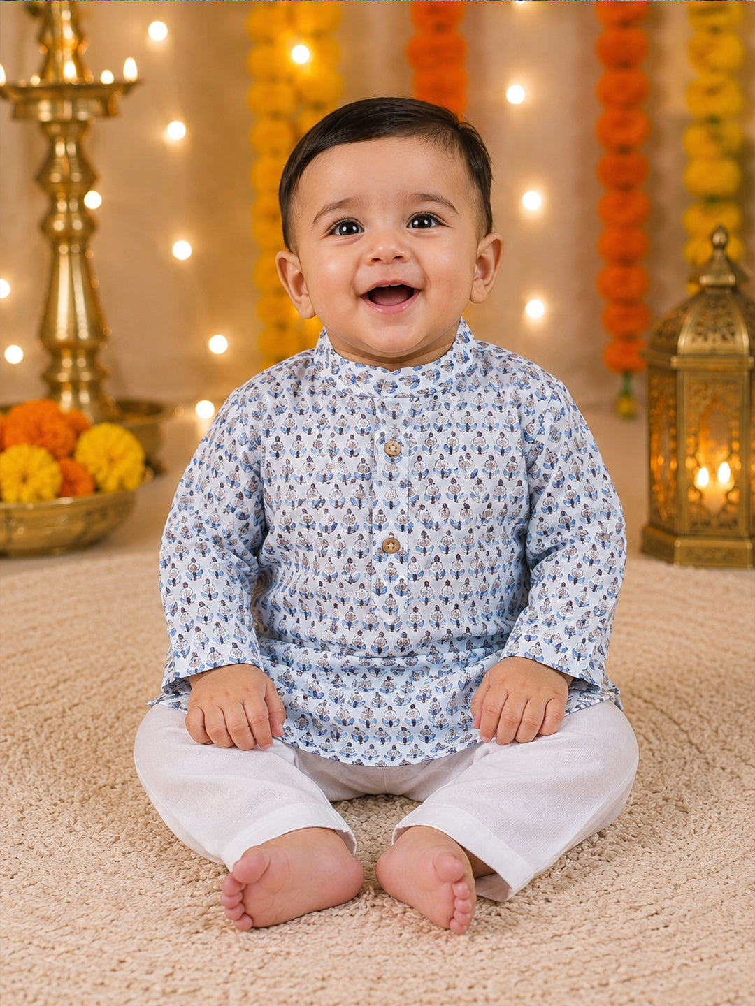 A smiling baby sitting cross-legged on a beige carpet, wearing a light blue and white patterned kurta with white trousers, set against a festive background with marigold garlands and warm string lights.