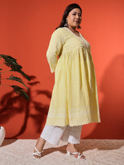Women's Plus Size Yellow Cotton Blend Chikankari Co-Ord Set