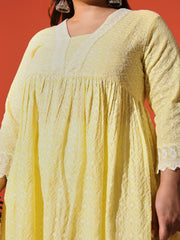 Women's Plus Size Yellow Cotton Blend Chikankari Co-Ord Set