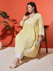 Women's Plus Size Yellow Cotton Blend Chikankari Co-Ord Set