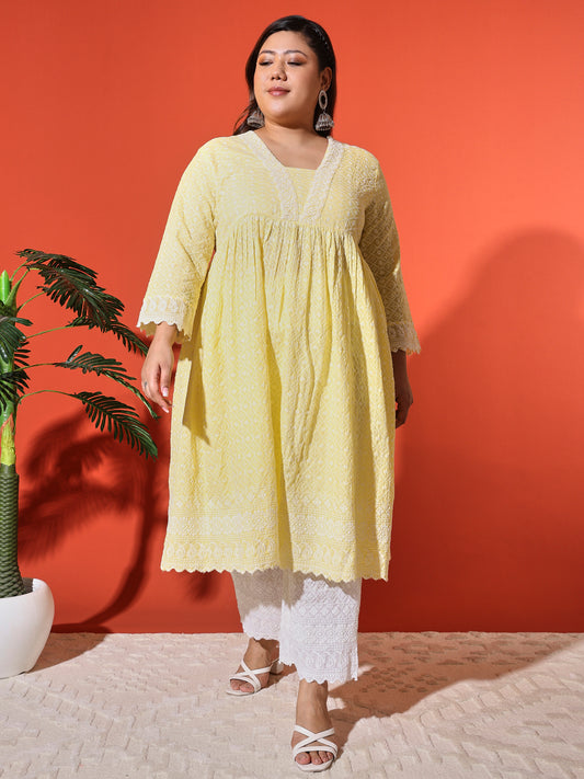 Women's Plus Size Yellow Cotton Blend Chikankari Co-Ord Set