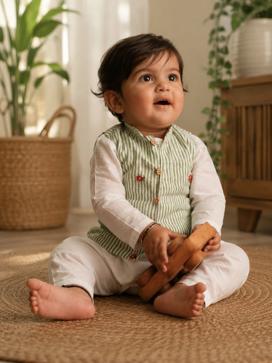 A baby sitting on a woven rug indoors, wearing a light green and white striped vest over a white long-sleeve shirt and white pants, holding a wooden toy.