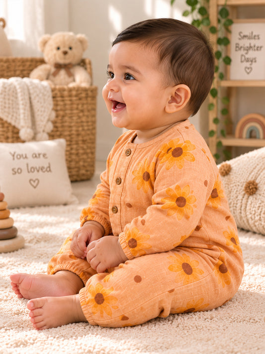 A baby sitting on a cream carpet in a cozy nursery, wearing a peach-orange long-sleeve romper with a yellow sunflower print. The background features a teddy bear, a 'You are so loved' pillow, and a wooden shelf.