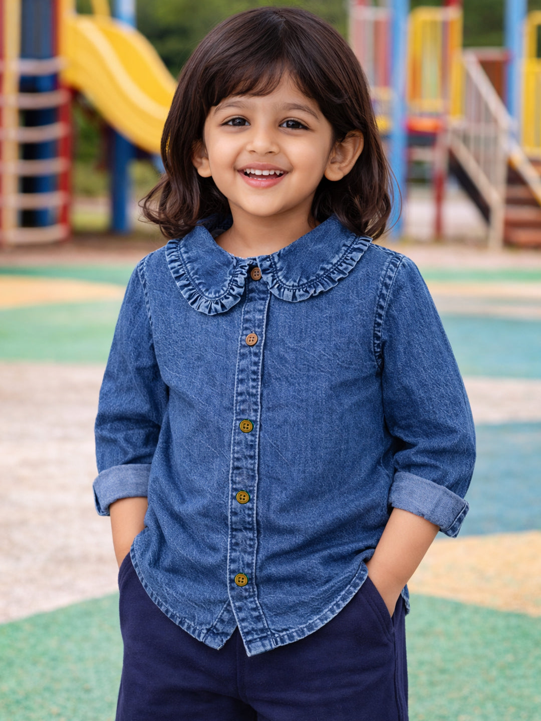 GIRLS BLUE DENIM COTTON FULL SLEEVE SHIRT