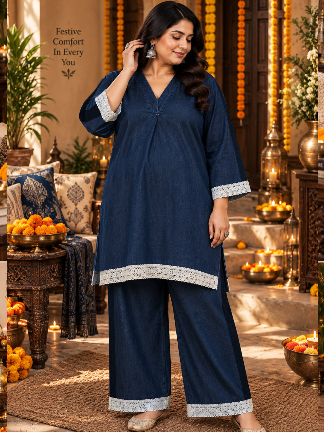 Navy Blue Denim Kurta Palazzo Set with Contrast Lace