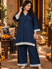 Navy Blue Denim Kurta Palazzo Set with Contrast Lace