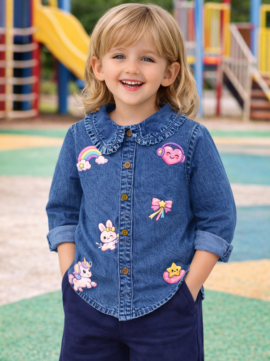 GIRLS BLUE DENIM COTTON FULL SLEEVE SHIRT