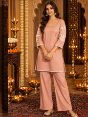 Blush Pink Cotton Satin Embroidered Kurta Set with Palazzo