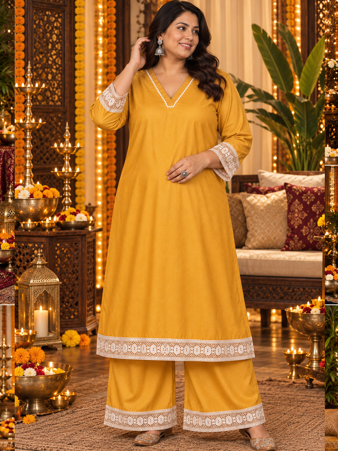 Mustard Rayon Festive Kurta Palazzo Set