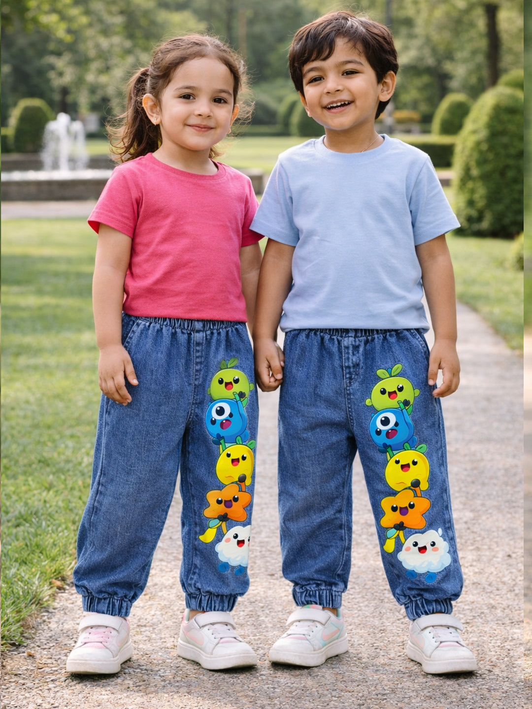 Unisex Cartoon Print Cotton Denim Joggers