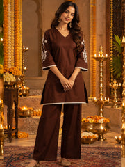 Brown Cotton Satin Embroidered Kurta Set with Palazzo
