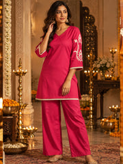 Fuchsia Cotton Satin Embroidered Kurta Set with Palazzo