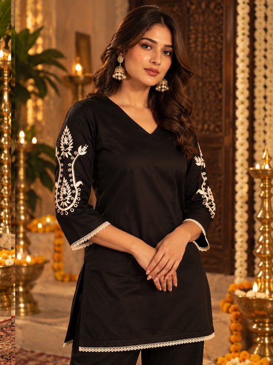 Black Cotton Satin Embroidered Kurta Set with Palazzo