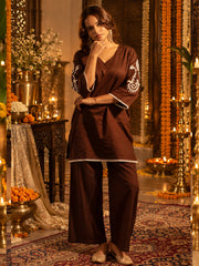 Brown Cotton Satin Embroidered Kurta Set with Palazzo