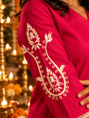 Fuchsia Cotton Satin Embroidered Kurta Set with Palazzo