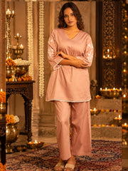 Blush Pink Cotton Satin Embroidered Kurta Set with Palazzo