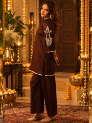 Brown Cotton Satin Embroidered Kurta Set with Palazzo