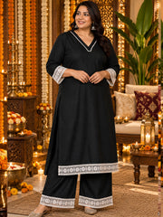 Black Rayon Festive Kurta Palazzo Set with Contrast Lace Dupatta