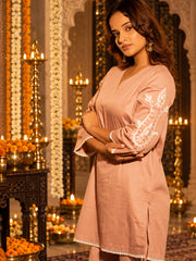 Blush Pink Cotton Satin Embroidered Kurta Set with Palazzo