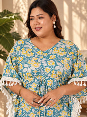 Blue Floral Printed Cotton Kaftan Dress