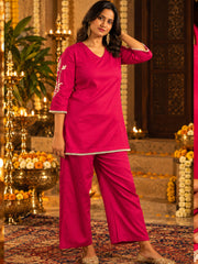 Fuchsia Cotton Satin Embroidered Kurta Set with Palazzo