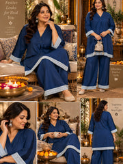 Navy Blue Denim Kurta Palazzo Set with Contrast Lace