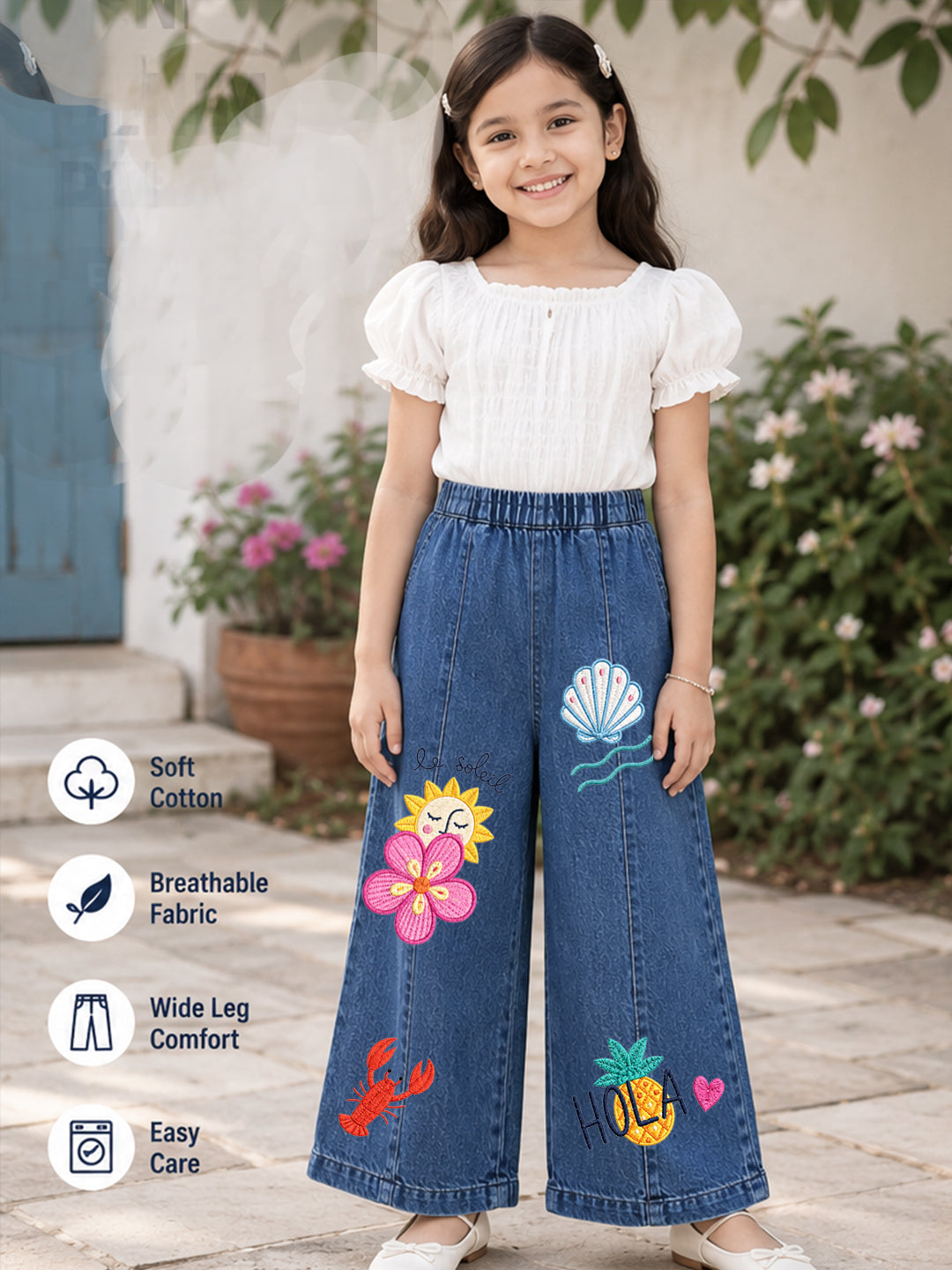 GIRLS SOFT COTTON DENIM PALAZZO PANTS