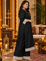 Black Rayon Festive Kurta Palazzo Set with Contrast Lace Dupatta