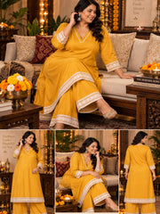 Mustard Rayon Festive Kurta Palazzo Set