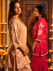 Blush Pink Cotton Satin Embroidered Kurta Set with Palazzo