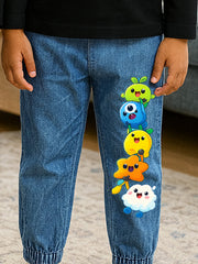Unisex Cartoon Print Cotton Denim Joggers