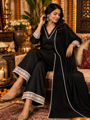 Black Rayon Festive Kurta Palazzo Set with Contrast Lace Dupatta