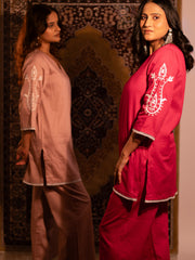 Fuchsia Cotton Satin Embroidered Kurta Set with Palazzo