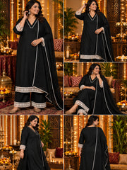 Black Rayon Festive Kurta Palazzo Set with Contrast Lace Dupatta