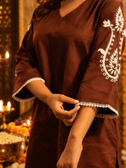 Brown Cotton Satin Embroidered Kurta Set with Palazzo