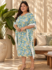 Blue Floral Printed Cotton Kaftan Dress