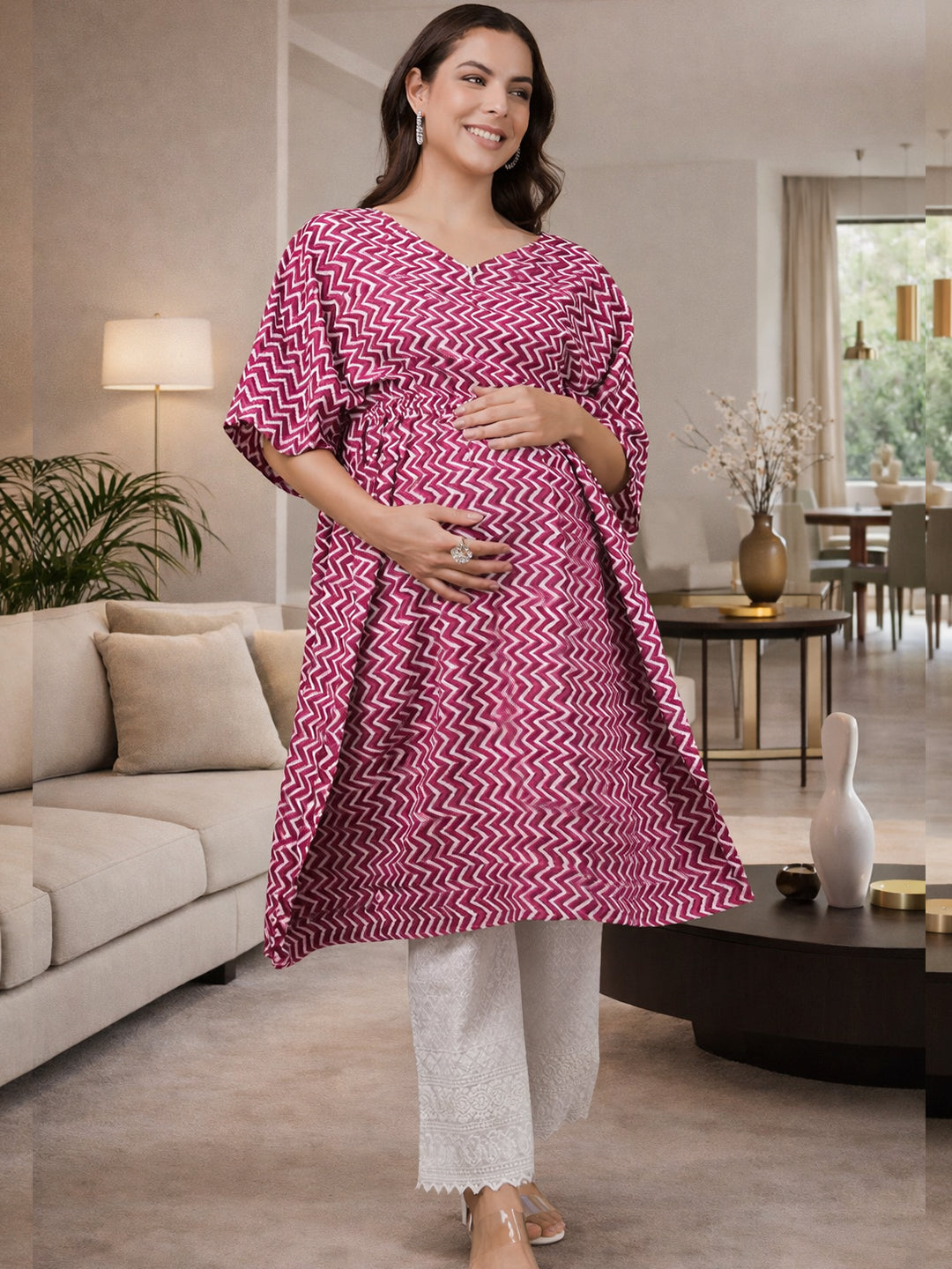 RED ZIG-ZAG PRINTED MATERNITY KAFTAN CO-ORD SET WITH SMOKED PAJAMA