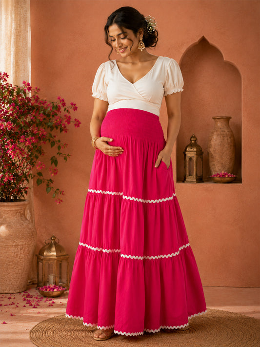 FUSHIA RAYON WOMEN'S MATERNITY SMOKED SKIRT