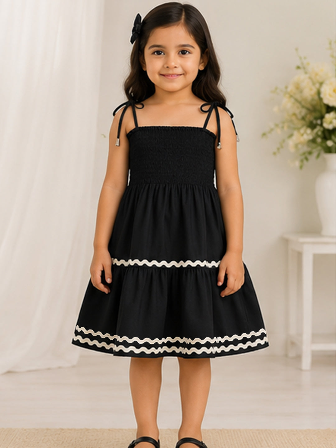 Black Smocked Rayon Printed Tiered Dress with Tie-Up Straps