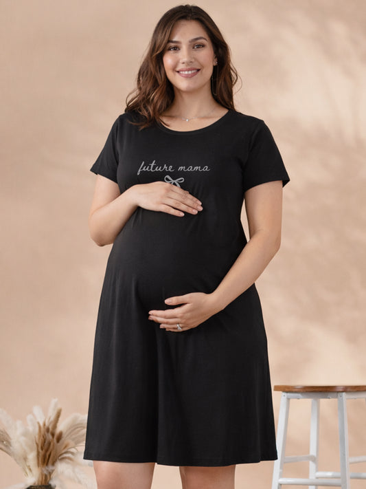 BLACK MATERNITY COTTON KNIT NIGHTDRESS WITH PRINT