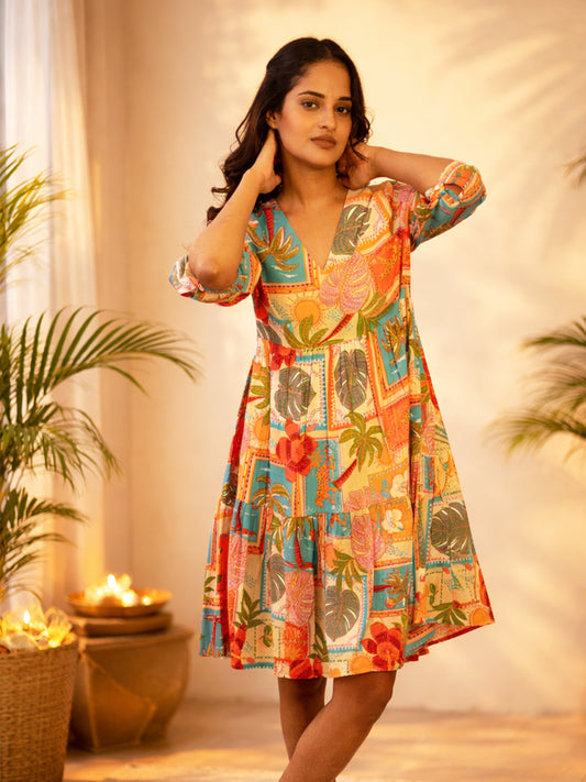 Women's Tropical Print Premium Rayon Tiered Dress