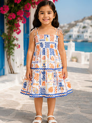 White & Blue Smocked Rayon Printed Tiered Dress with Tie-Up Straps