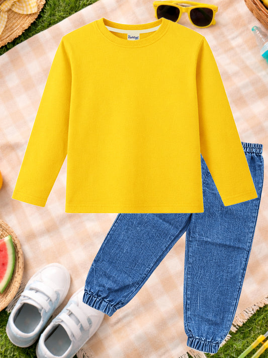 Kids Yellow Cotton Knit T-Shirt & Denim Jogger Co-Ord Set
