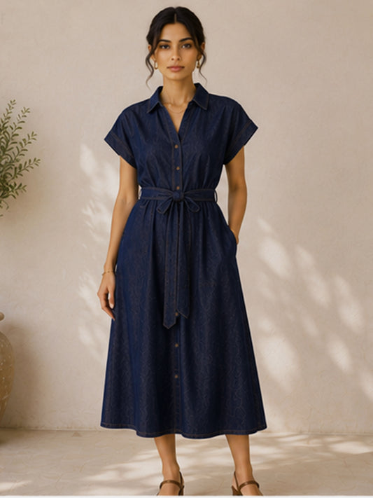 ZORA DARK INDIGO DENIM SHIRT MIDI DRESS WITH BELT