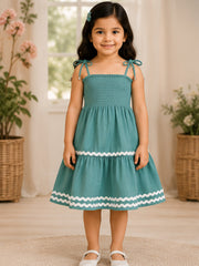 Green Smocked Rayon Printed Tiered Dress with Tie-Up Straps