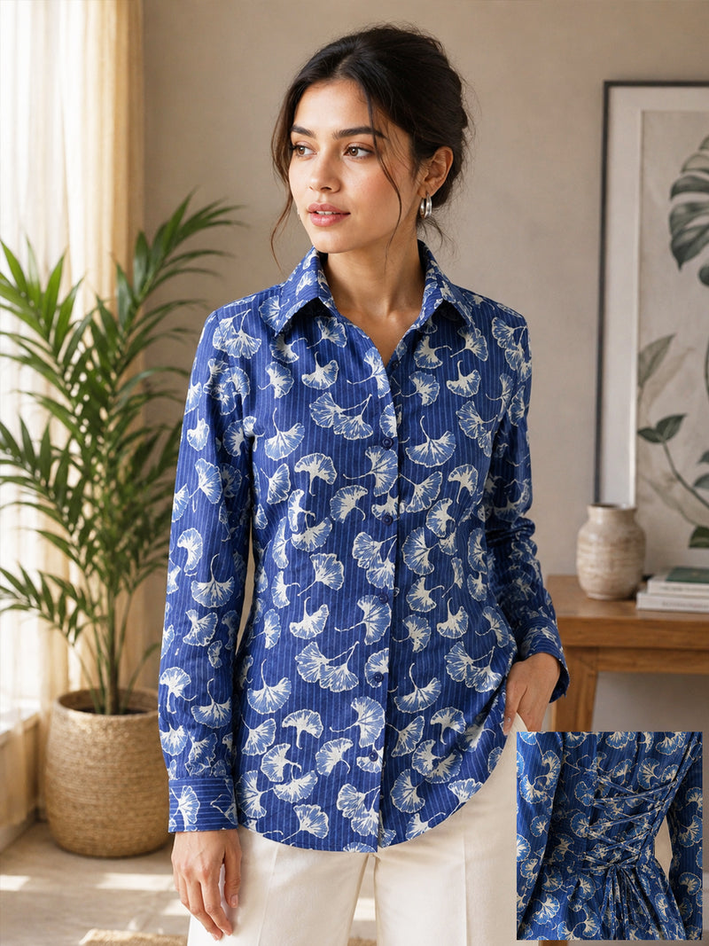 Women's Blue Floral Print Cotton Shirt with Adjustable Back Tie-Up