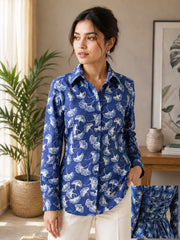 Women's Blue Floral Print Cotton Shirt with Adjustable Back Tie-Up