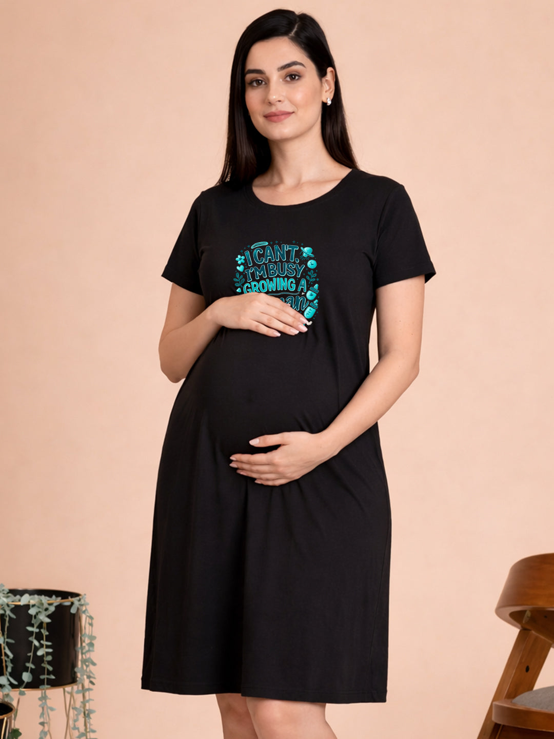 BLACK MATERNITY COTTON KNIT NIGHTDRESS WITH PRINT