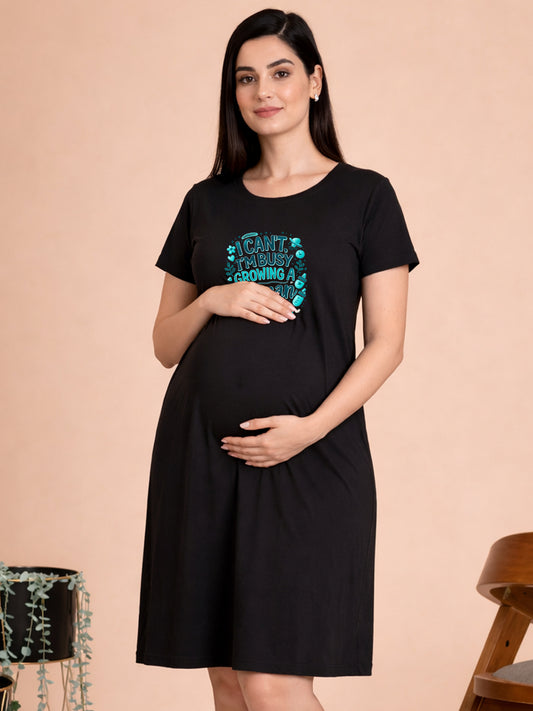 BLACK MATERNITY COTTON KNIT NIGHTDRESS WITH PRINT