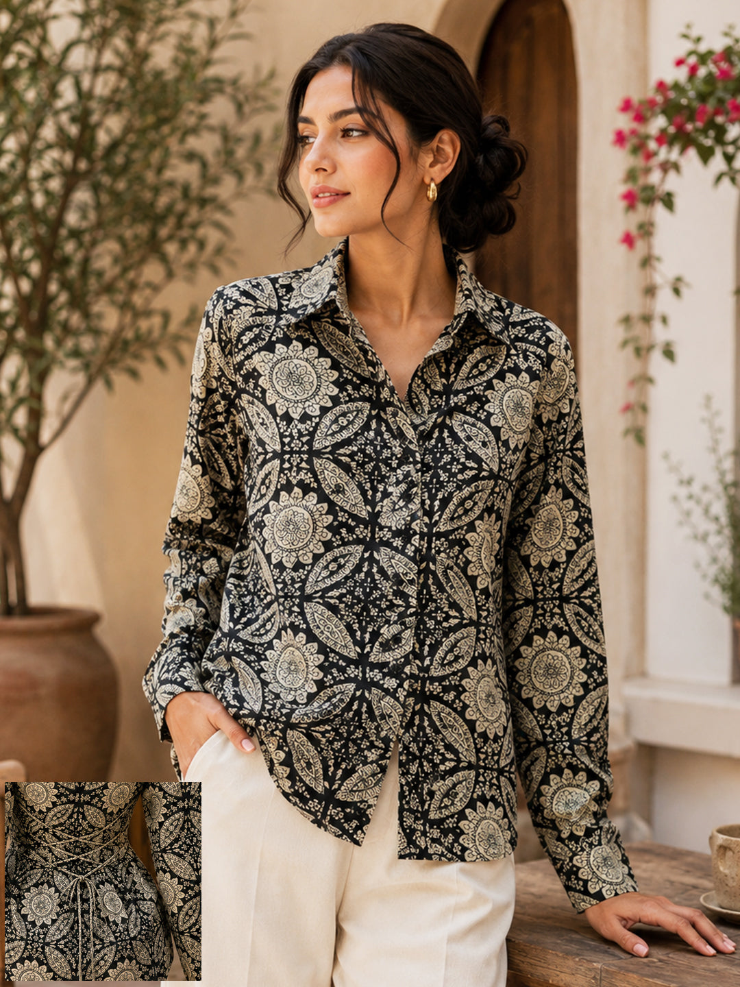 Women's Black Geo Print Cotton Shirt with Adjustable Back Tie-Up